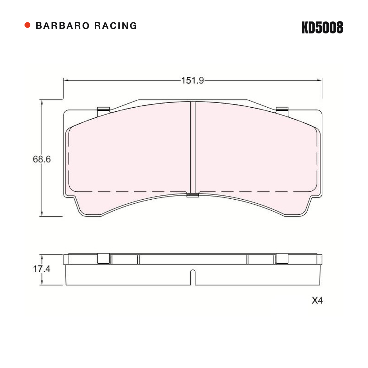Barbaro Racing KD5008 brake pad shape drawing - 151.9 x 68.6 x 17.4 mm