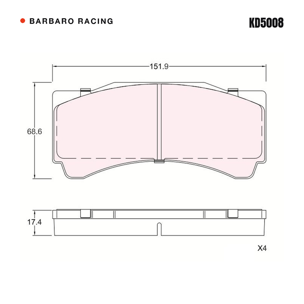 Barbaro Racing KD5008 brake pad shape drawing - 151.9 x 68.6 x 17.4 mm