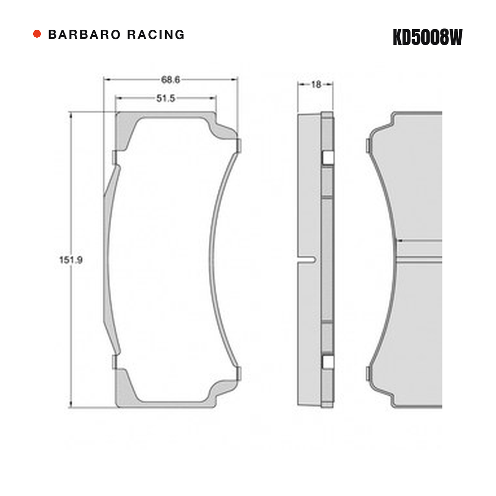 Barbaro Racing KD5008W brake pad shape drawing - 151.9 x 68.6 x 18 mm