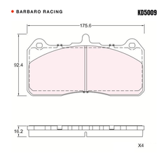 Barbaro Racing KD5009 brake pad shape drawing - 175.6 x 92.4 x 16.2 mm