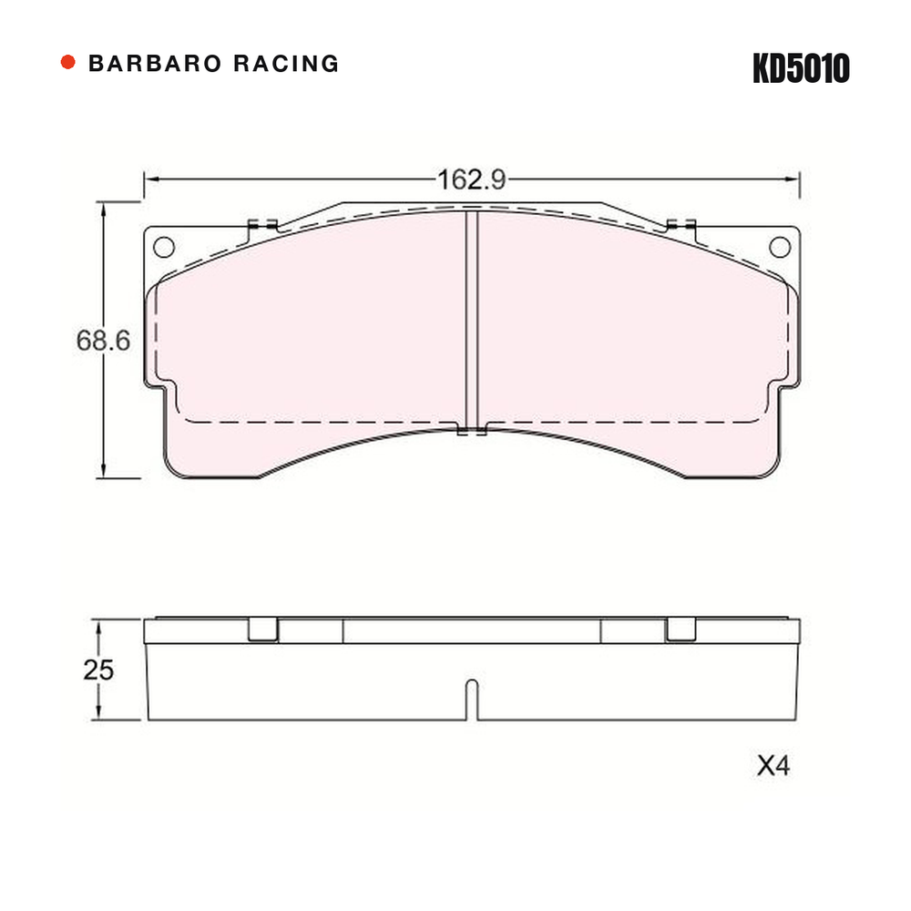 Barbaro Racing KD5010 brake pad shape drawing - 162.9 x 68.6 x 25 mm