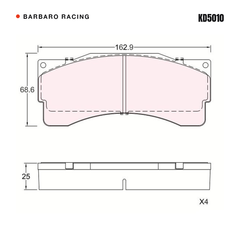 Barbaro Racing KD5010 brake pad shape drawing - 162.9 x 68.6 x 25 mm