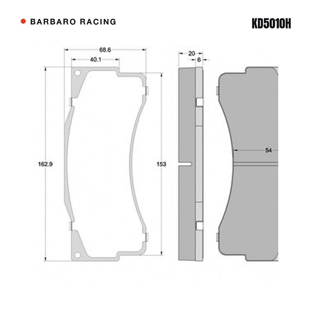 Barbaro Racing KD5010H brake pad shape drawing - 162.9 x 68.6 x 20 mm