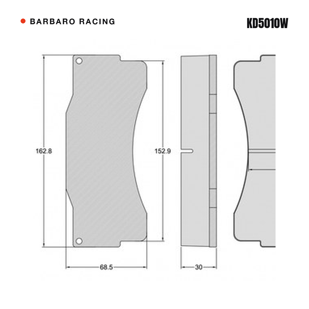 Barbaro Racing KD5010W brake pad shape drawing - 162.8 x 68.5 x 30 mm