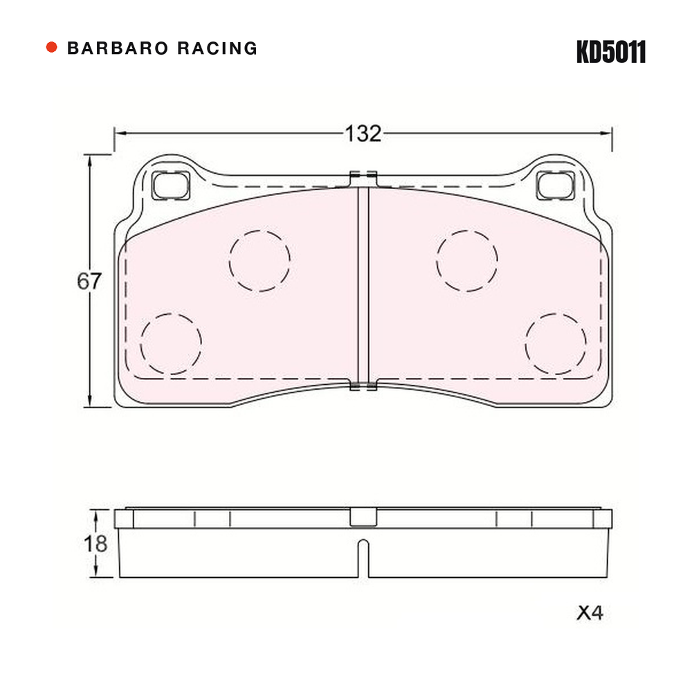 Barbaro Racing KD5011 brake pad shape drawing - 132 x 67 x 18 mm
