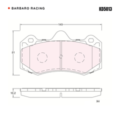 Barbaro Racing KD5013 brake pad shape drawing - 149 x 81 x 16.2 mm