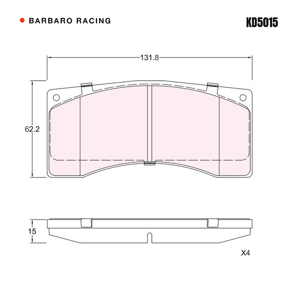 Barbaro Racing KD5015 brake pad shape drawing - 131.8 x 62.2 x 15 mm