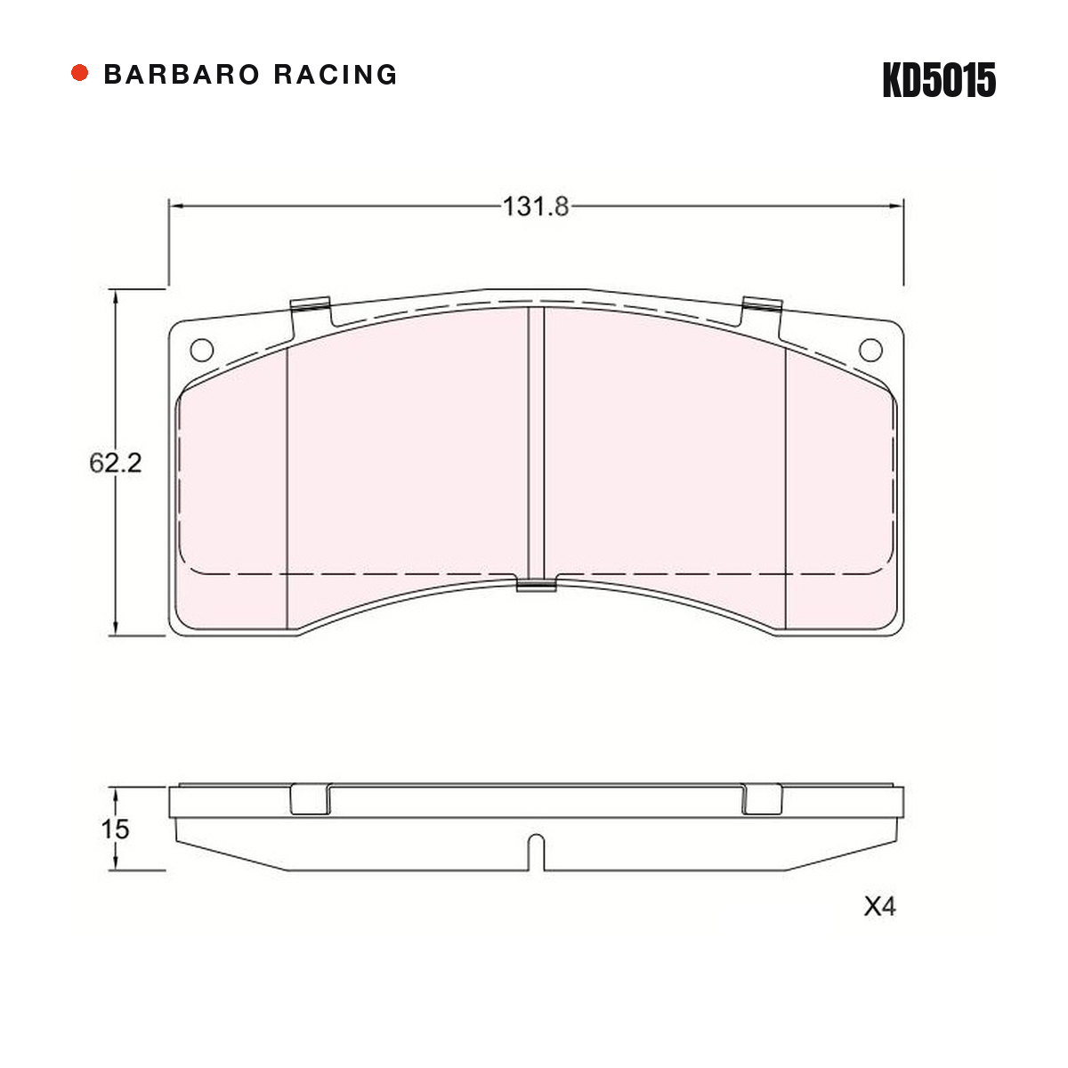 Barbaro Racing KD5015 brake pad shape drawing - 131.8 x 62.2 x 15 mm