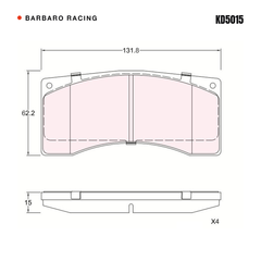 Barbaro Racing KD5015 brake pad shape drawing - 131.8 x 62.2 x 15 mm