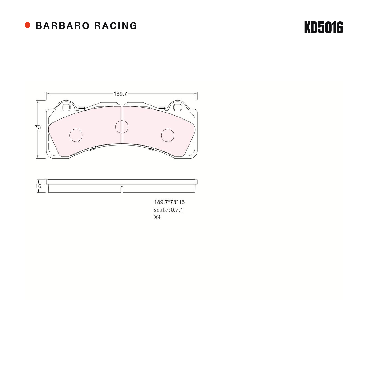 Barbaro Racing KD5016 brake pad shape drawing - 189.7 x 73 x 16 mm