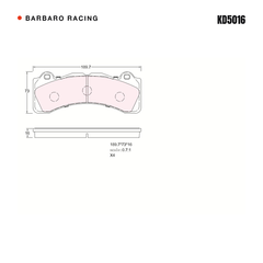 Barbaro Racing KD5016 brake pad shape drawing - 189.7 x 73 x 16 mm