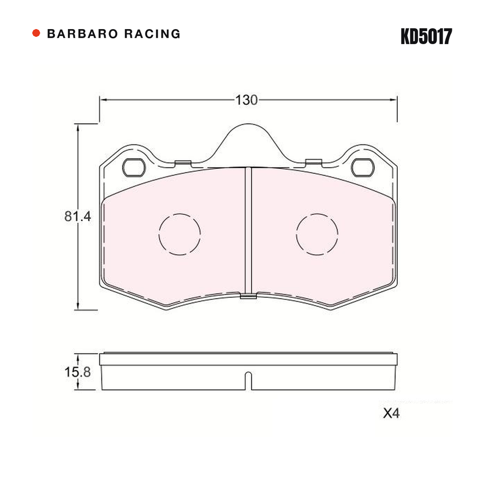 Barbaro Racing KD5017 brake pad shape drawing - 130 x 81.4 x 15.8 mm