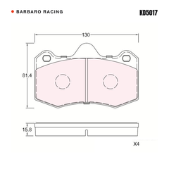 Barbaro Racing KD5017 brake pad shape drawing - 130 x 81.4 x 15.8 mm