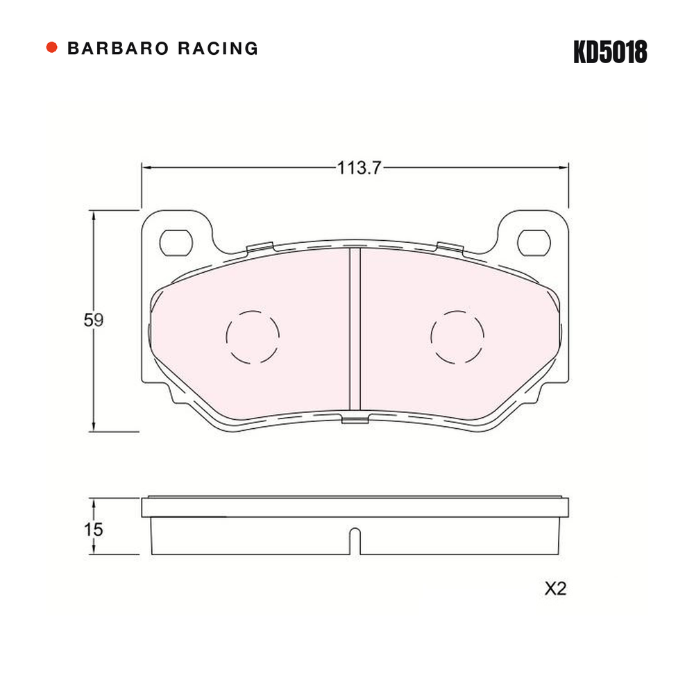 Barbaro Racing KD5018 brake pad shape drawing - 113.7 x 59 x 15 mm