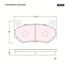 Barbaro Racing KD5018 brake pad shape drawing - 113.7 x 59 x 15 mm