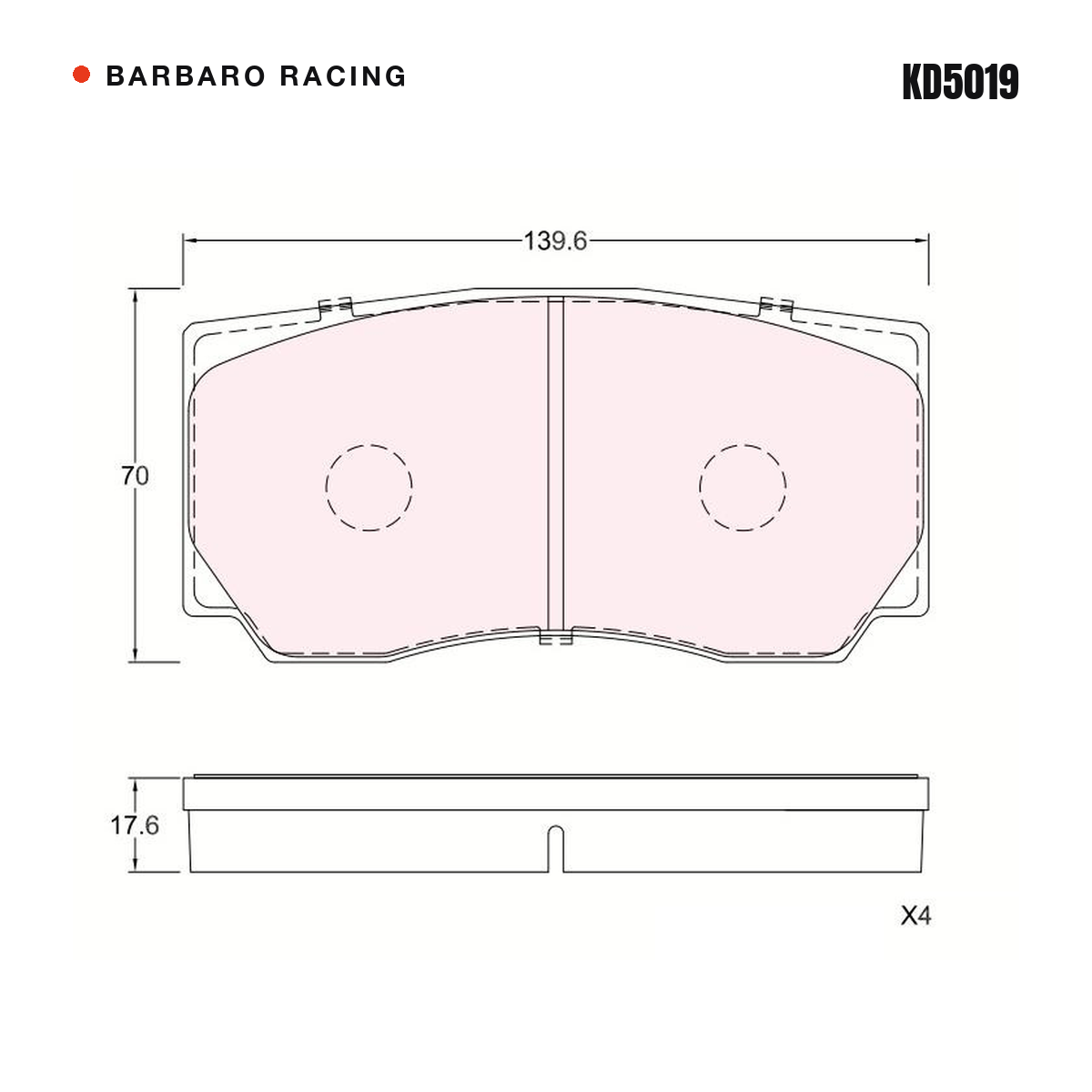 Barbaro Racing KD5019 brake pad shape drawing - 139.6 x 70 x 17.6 mm