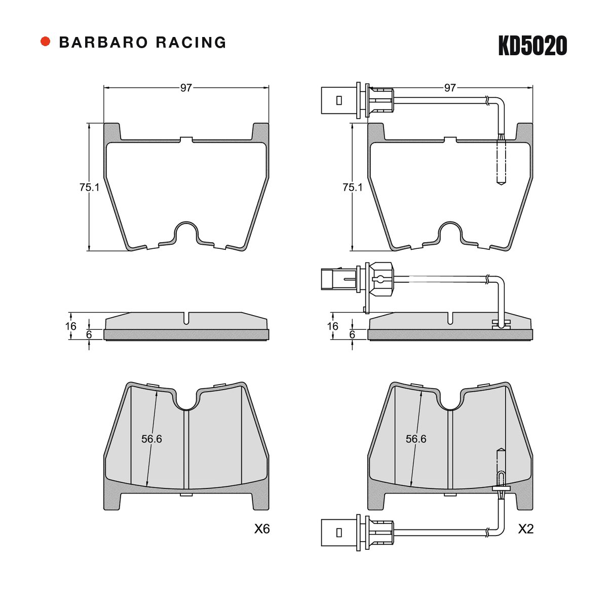 Barbaro Racing KD5020 brake pad shape drawing - 97 x 75.1 x 16 mm