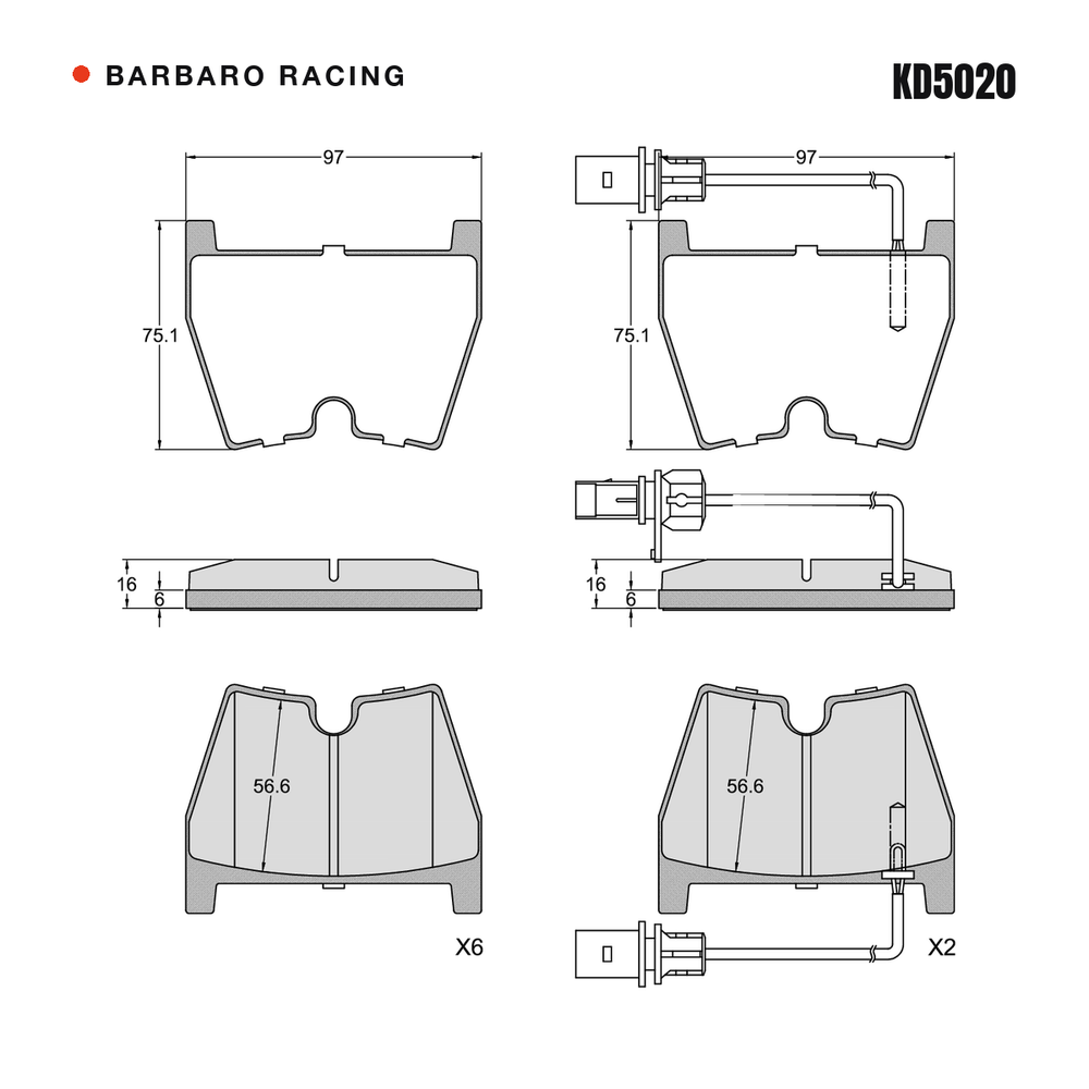 Barbaro Racing KD5020 brake pad shape drawing - 97 x 75.1 x 16 mm