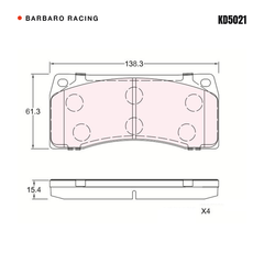 Barbaro Racing KD5021 brake pad shape drawing - 138.3 x 61.3 x 15.4 mm
