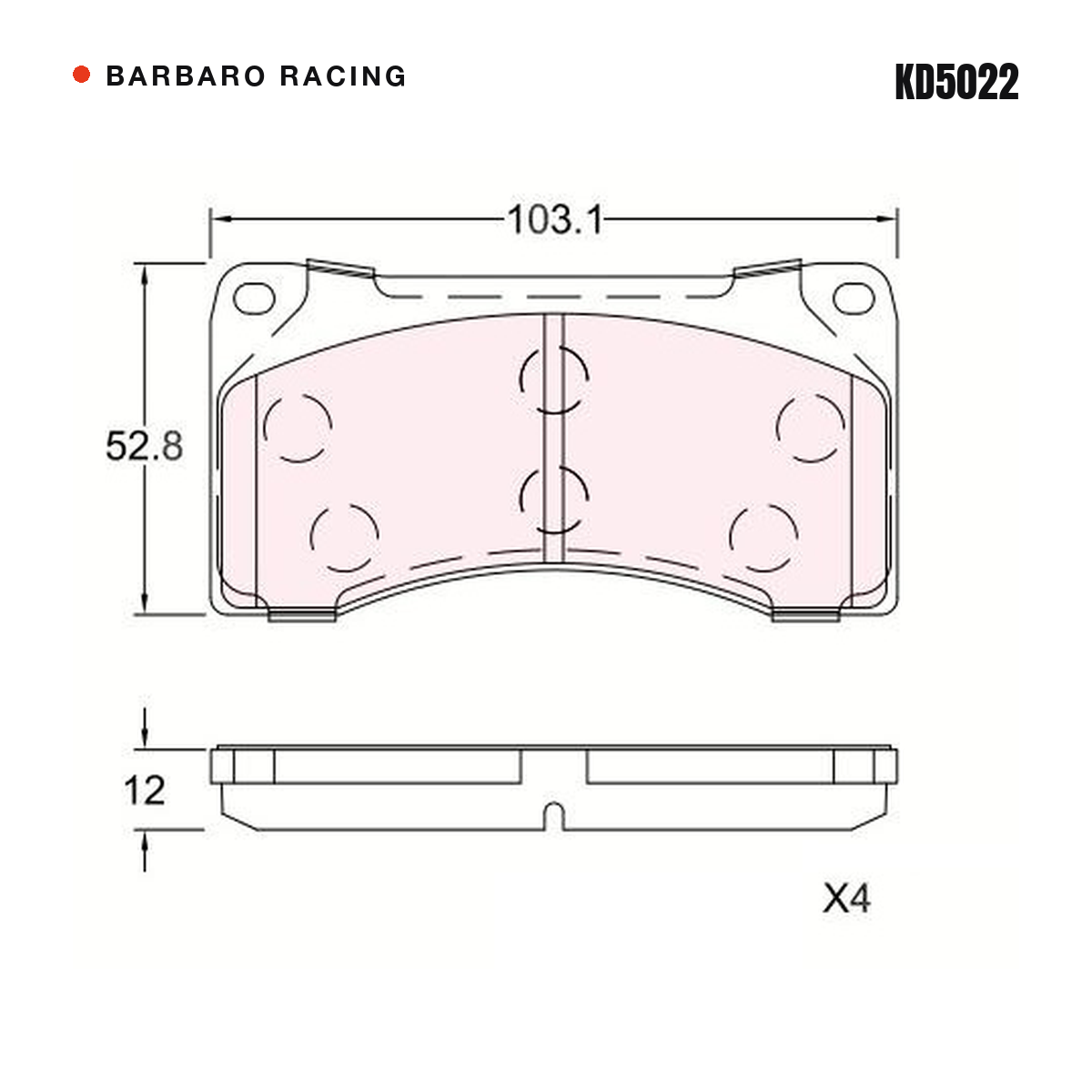 Barbaro Racing KD5022 brake pad shape drawing - 103.1 x 52.8 x 12 mm