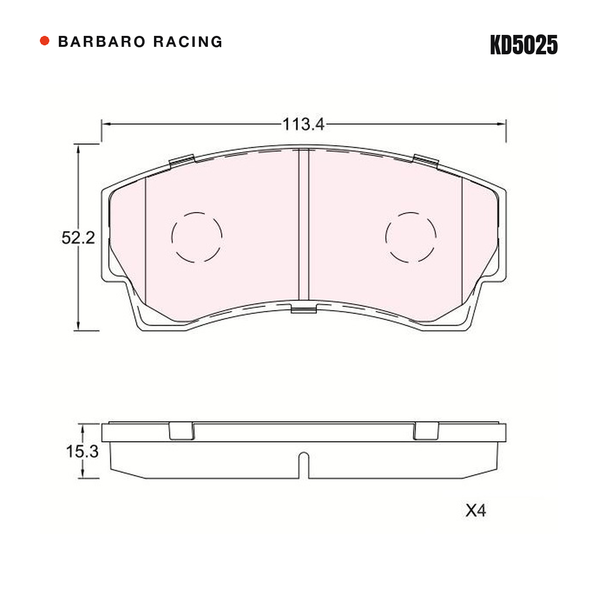 Barbaro Racing KD5025 brake pad shape drawing - 113.4 x 52.2 x 15.3 mm