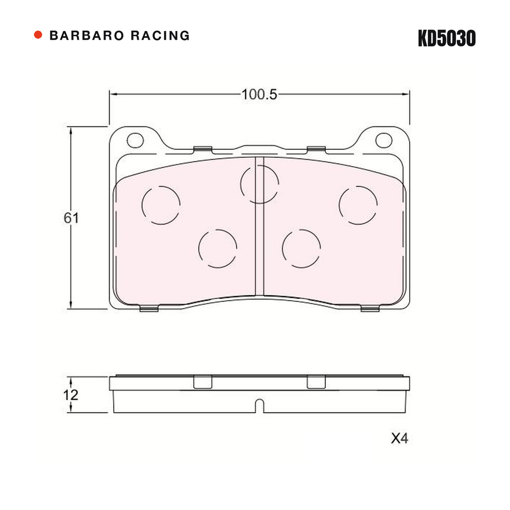 Barbaro Racing KD5030 brake pad shape drawing - 100.5 x 61 x 12 mm