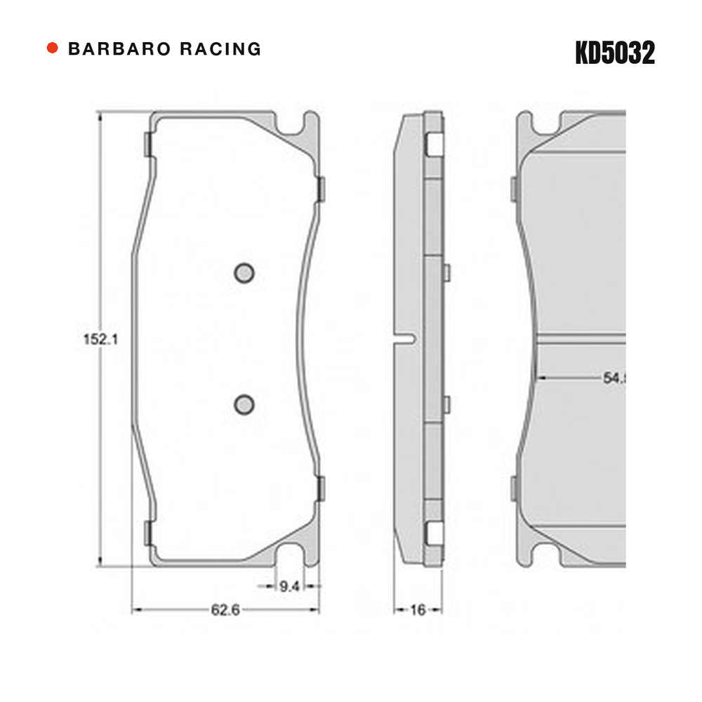 Barbaro Racing KD5032 brake pad shape drawing - 152.1 x 62.6 x 16 mm