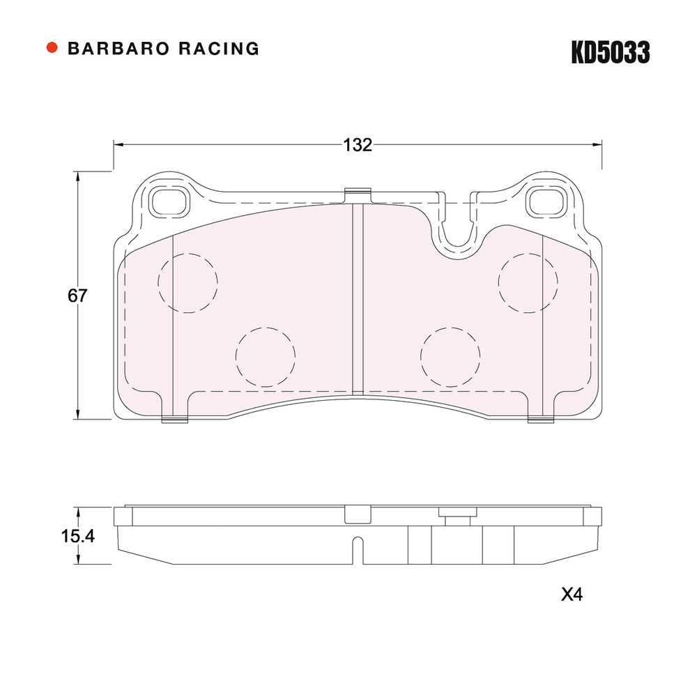 Barbaro Racing KD5033 brake pad shape drawing - 132 x 67 x 15.4 mm