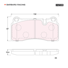 Barbaro Racing KD5033 brake pad shape drawing - 132 x 67 x 15.4 mm