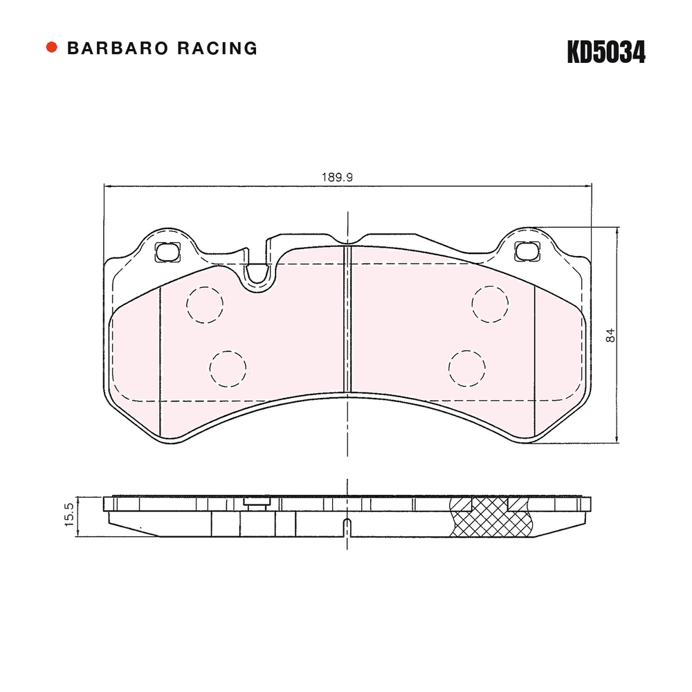 Barbaro Racing KD5034 brake pad shape drawing - 189.9 x 84 x 15.5 mm
