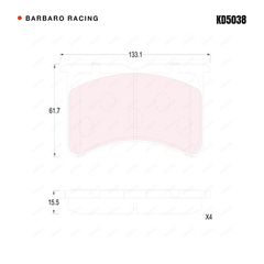 Barbaro Racing KD5038 brake pad shape drawing - 133.1 x 61.7 x 15.5 mm