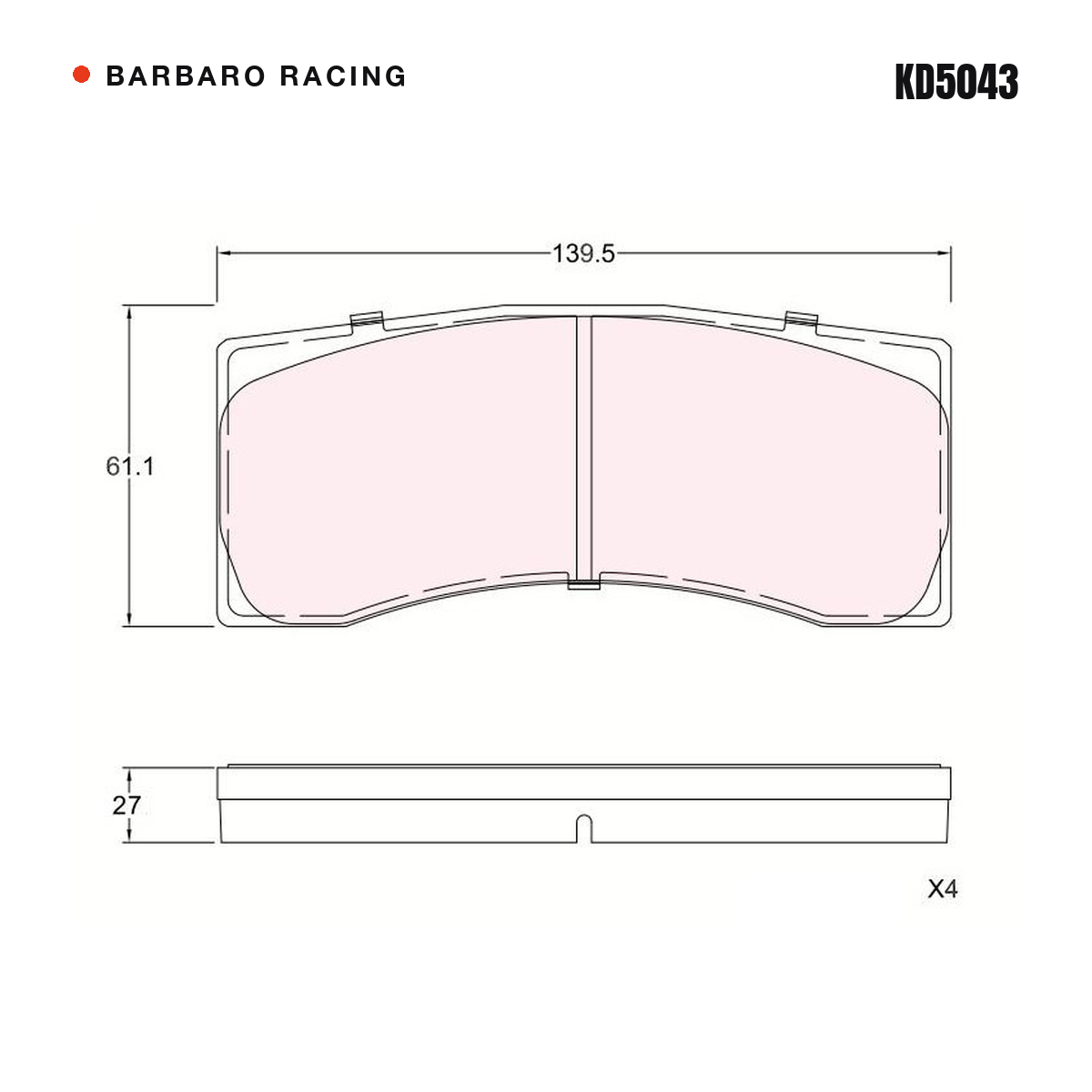 Barbaro Racing KD5043 brake pad shape drawing - 139.5 x 61.1 x 27 mm