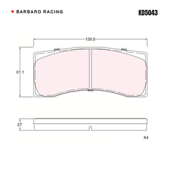 Barbaro Racing KD5043 brake pad shape drawing - 139.5 x 61.1 x 27 mm