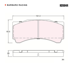 Barbaro Racing KD5044 brake pad shape drawing - 151.9 x 68.6 x 25 mm