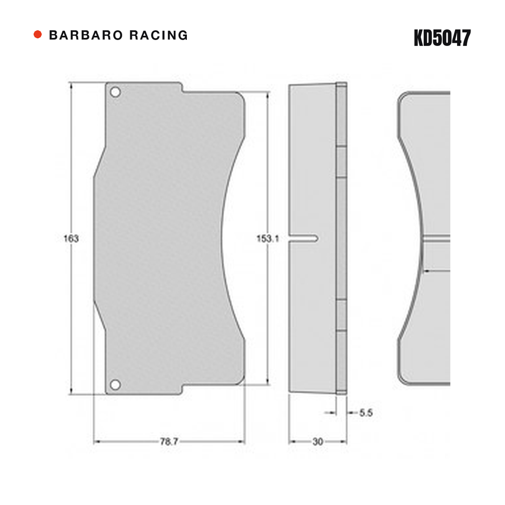 Barbaro Racing KD5047 brake pad shape drawing - 163 x 78.7 x 30 mm