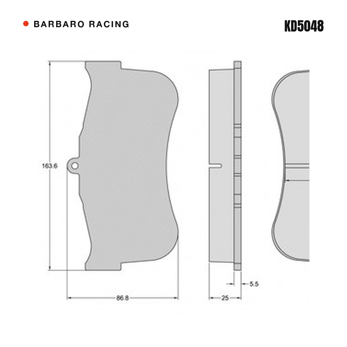 Barbaro Racing KD5048 brake pad shape drawing - 163.6 x 86.8 x 25 mm