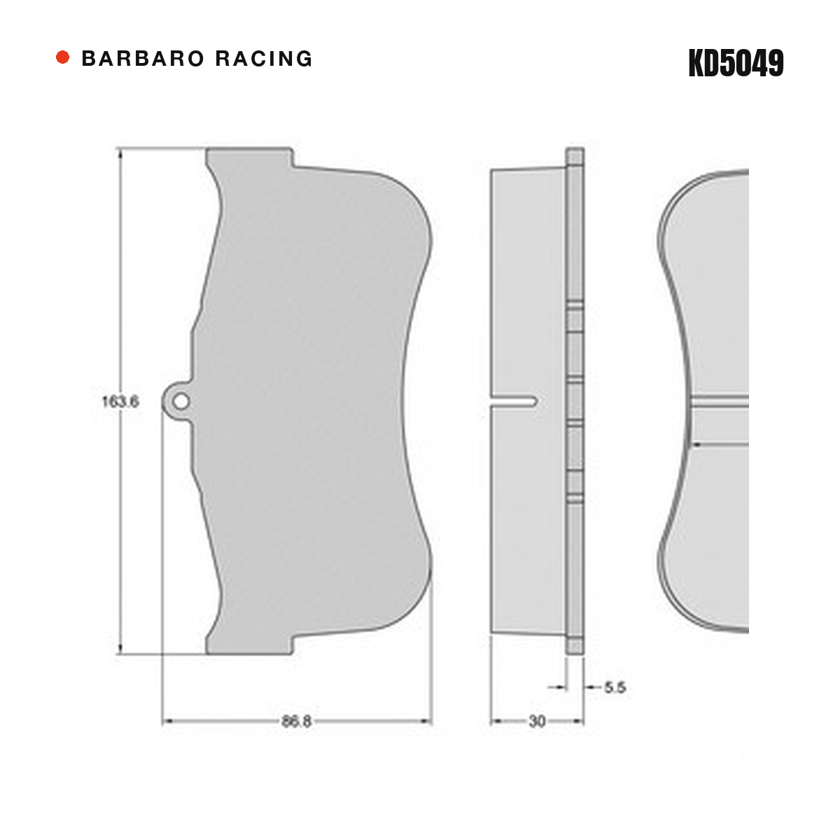 Barbaro Racing KD5049 brake pad shape drawing - 163.6 x 86.8 x 30 mm
