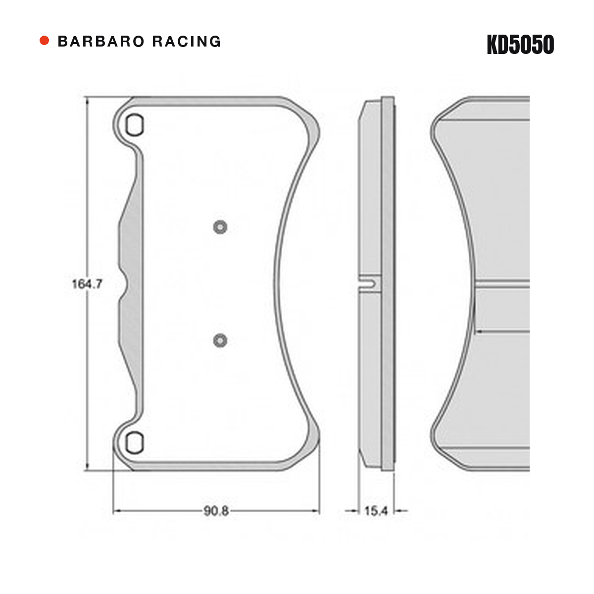 Barbaro Racing KD5050 brake pad shape drawing - 164.7 x 90.8 x 15.4 mm