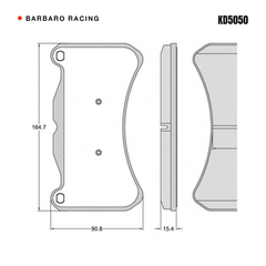 Barbaro Racing KD5050 brake pad shape drawing - 164.7 x 90.8 x 15.4 mm