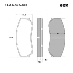 Barbaro Racing KD5054 brake pad shape drawing - 132.6 x 55.9 x 16.8 mm