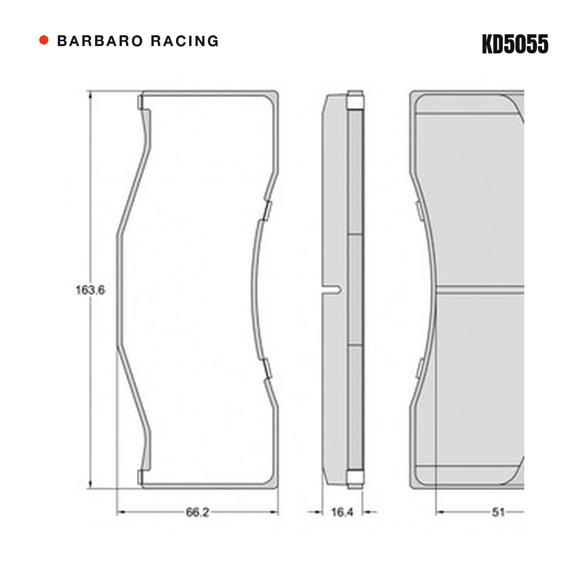 Barbaro Racing KD5055 brake pad shape drawing - 163.6 x 66.2 x 16.4 mm