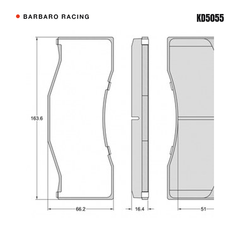 Barbaro Racing KD5055 brake pad shape drawing - 163.6 x 66.2 x 16.4 mm