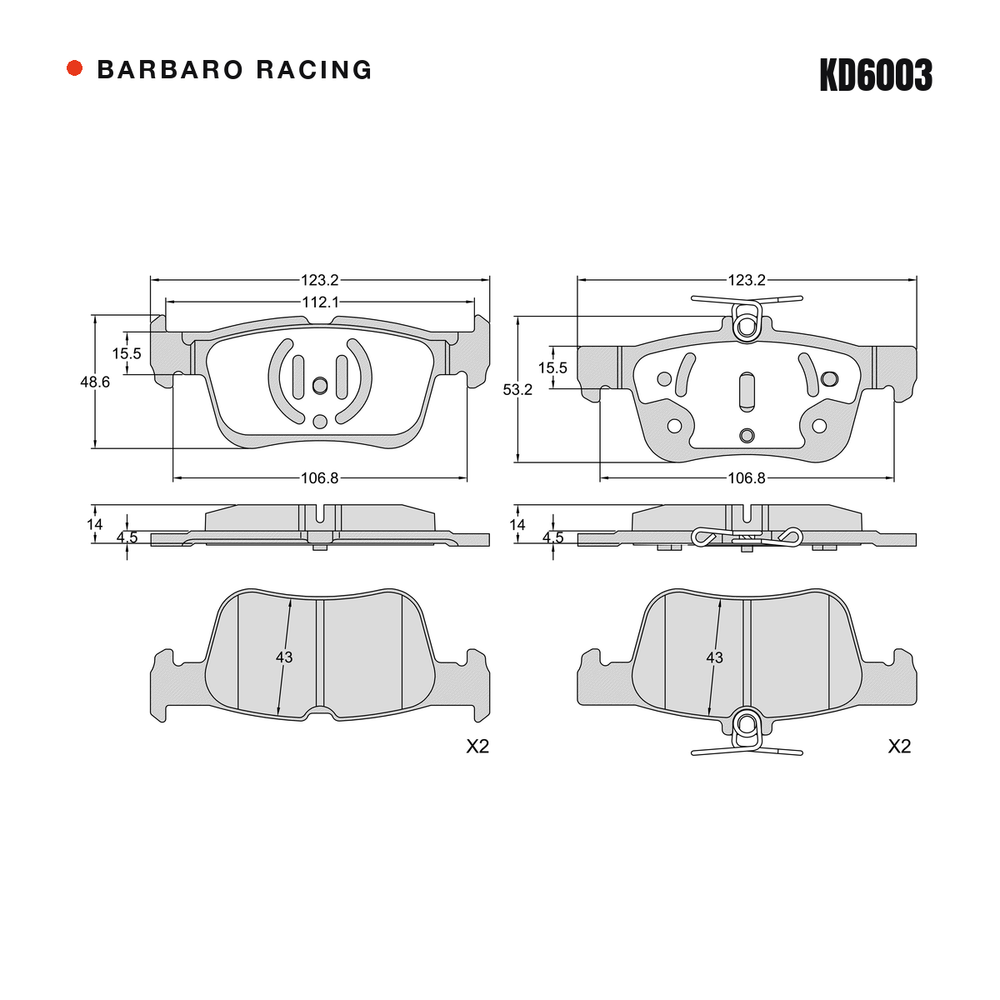 Barbaro Racing KD6003 brake pad shape drawing - 123.2 x 48.6 x 14 mm