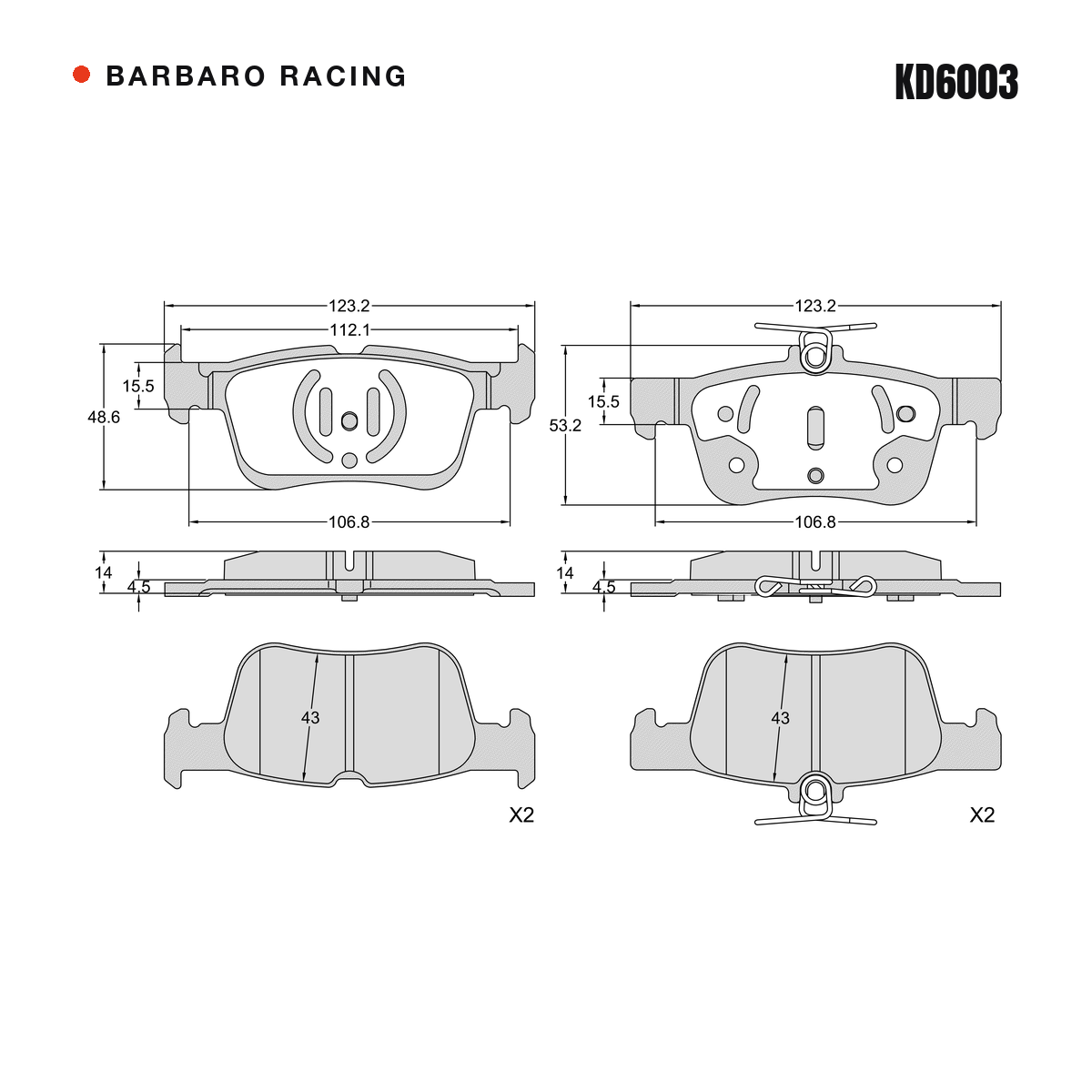 Barbaro Racing KD6003 brake pad shape drawing - 123.2 x 48.6 x 14 mm