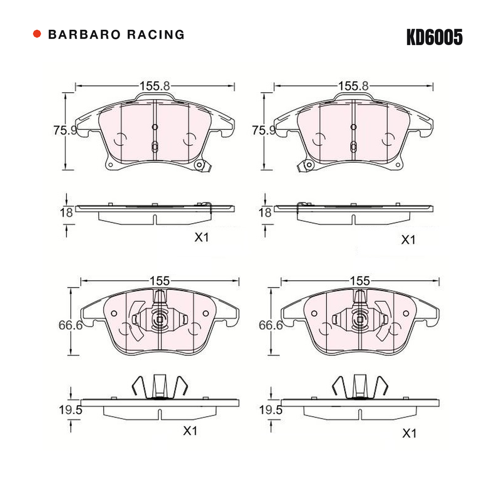 Barbaro Racing KD6005 brake pad shape drawing - 155.8 x 75.9 x 18 mm
