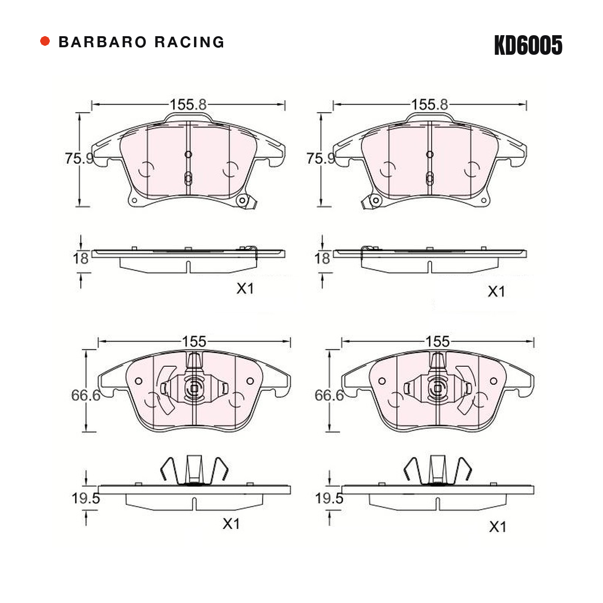 Barbaro Racing KD6005 brake pad shape drawing - 155.8 x 75.9 x 18 mm