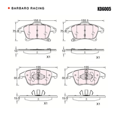 Barbaro Racing KD6005 brake pad shape drawing - 155.8 x 75.9 x 18 mm