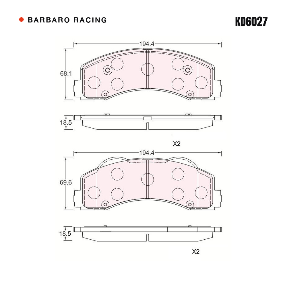 Barbaro Racing KD6027 brake pad shape drawing - 194.4 x 69.6 x 18.5 mm