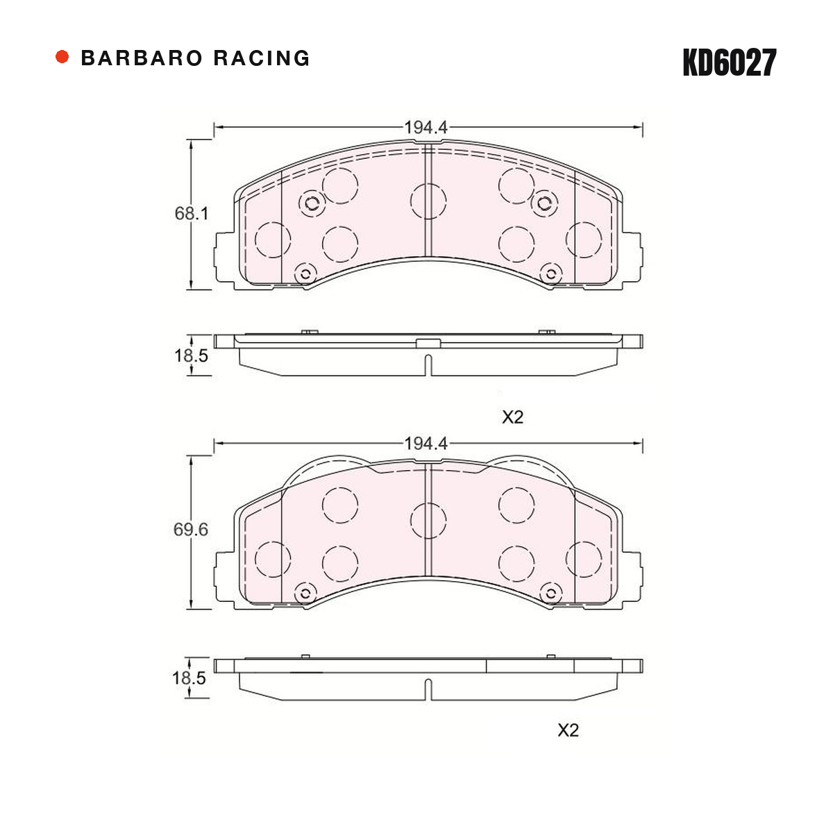 Barbaro Racing KD6027 brake pad shape drawing - 194.4 x 69.6 x 18.5 mm
