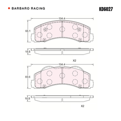 Barbaro Racing KD6027 brake pad shape drawing - 194.4 x 69.6 x 18.5 mm
